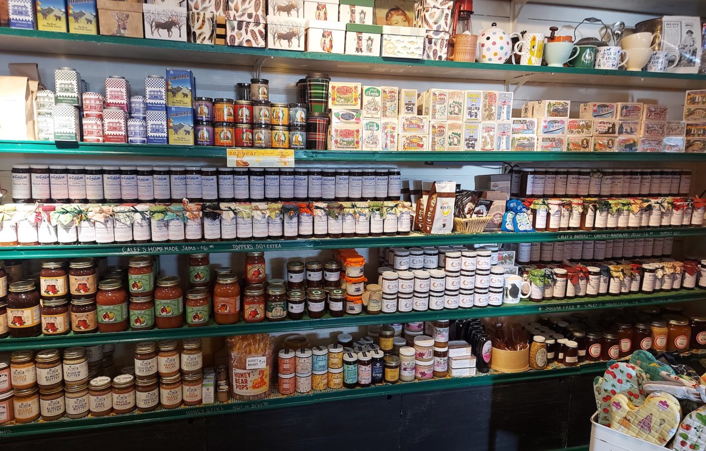 Calef's Country Store jam wall, stacked with Calef's finest jams and jellies