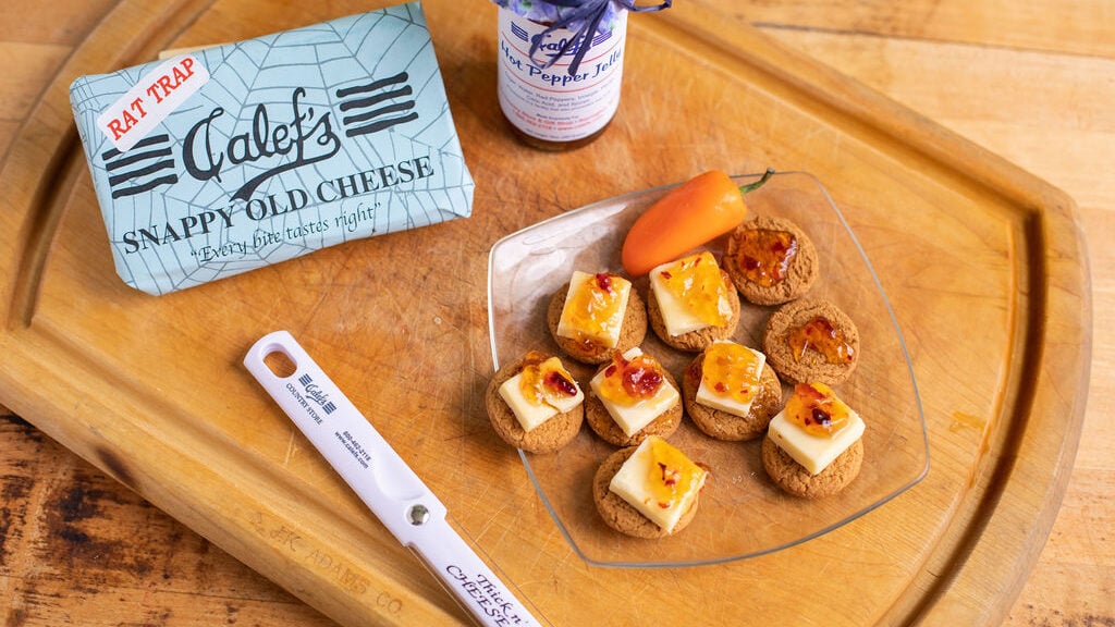 Calef's Snappy Old Cheese and sandwich with gingersnaps, cheese, and hot pepper jelly
