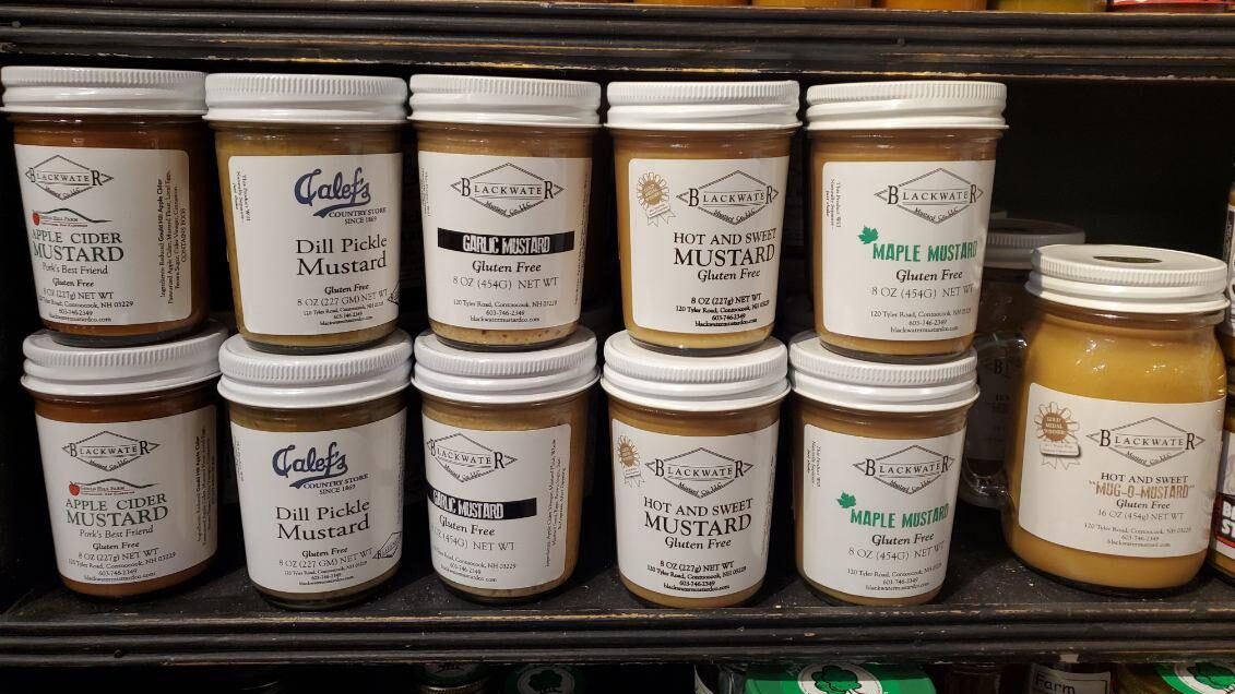 Calef's gourmet mustard selection featuring Blackwater Mustard Co. and Calef's very own mustard flavors.