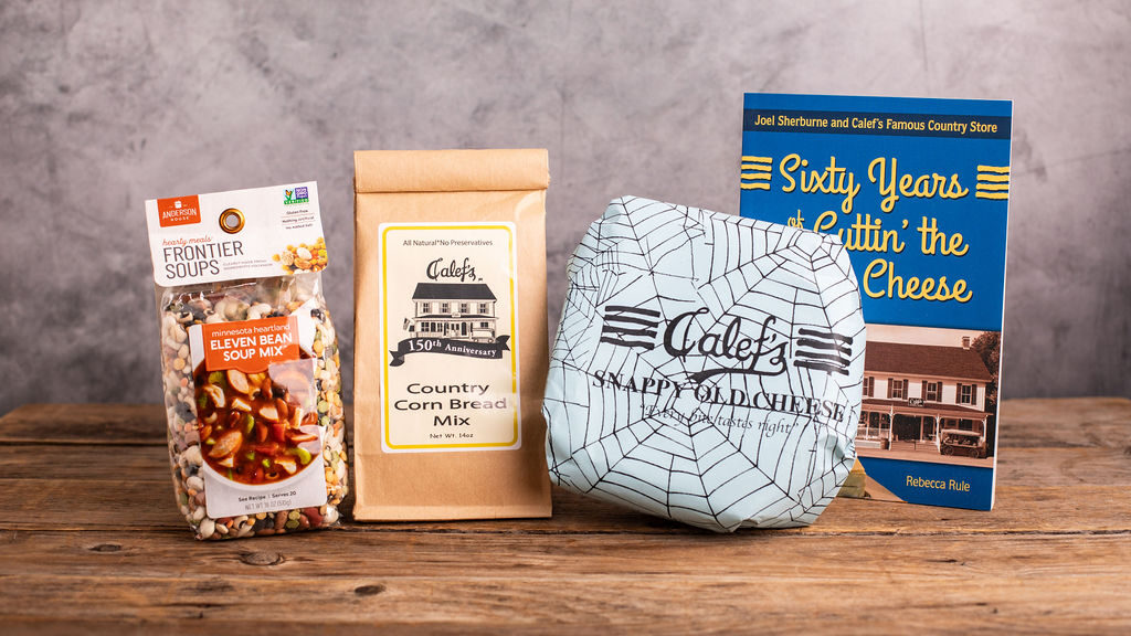 Calef's cheddar cheese, bread mix, soup mix, and Sixty Years of Cuttin' the Cheese book!