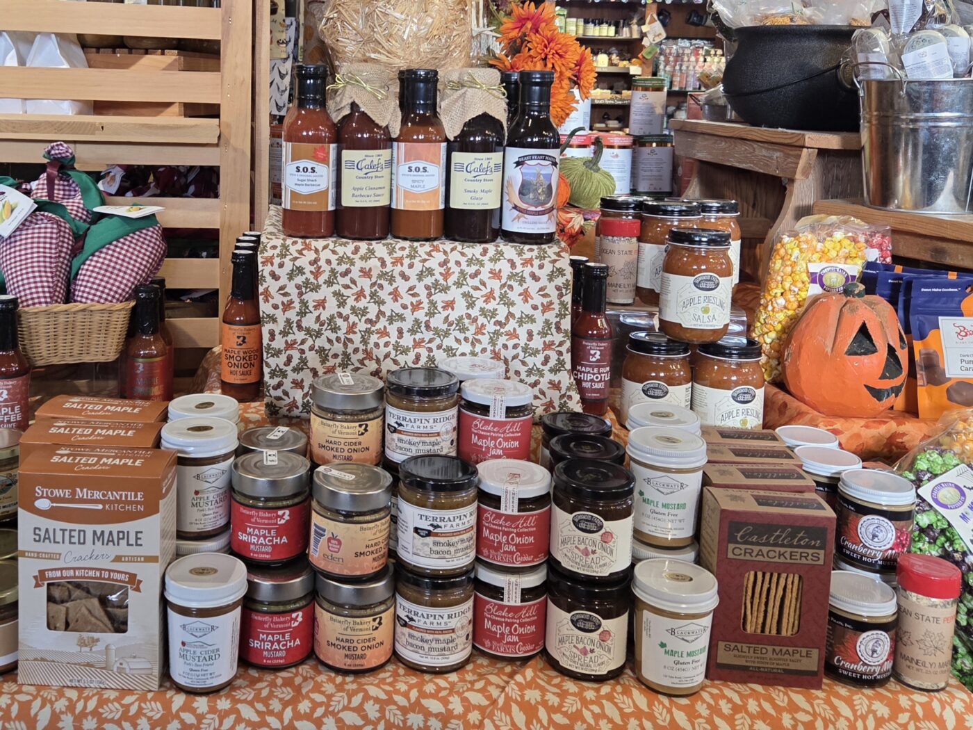Calef's savory fall products including mustards, jams, crackers, and BBQ sauces